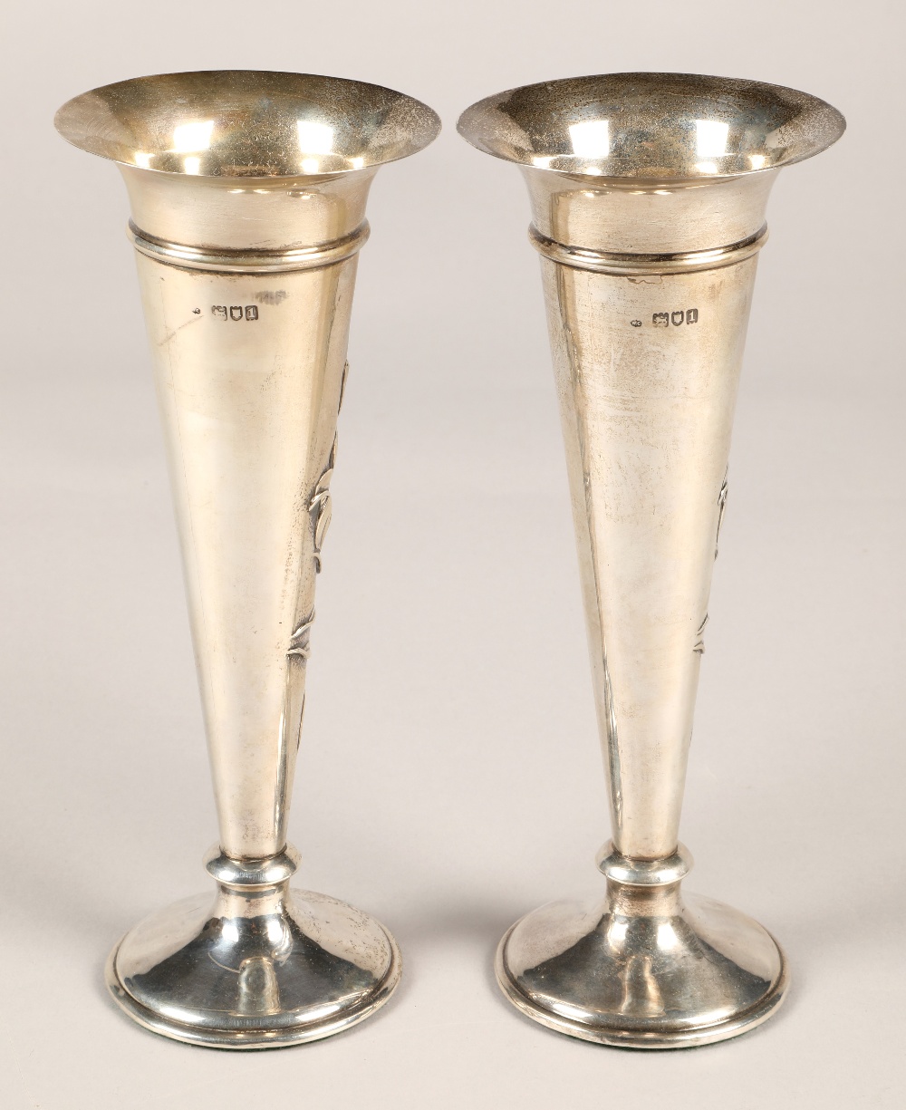 Pair of silver weighted spill vases, with embossed floral decoration, assay marked London 1906,maker - Image 4 of 7