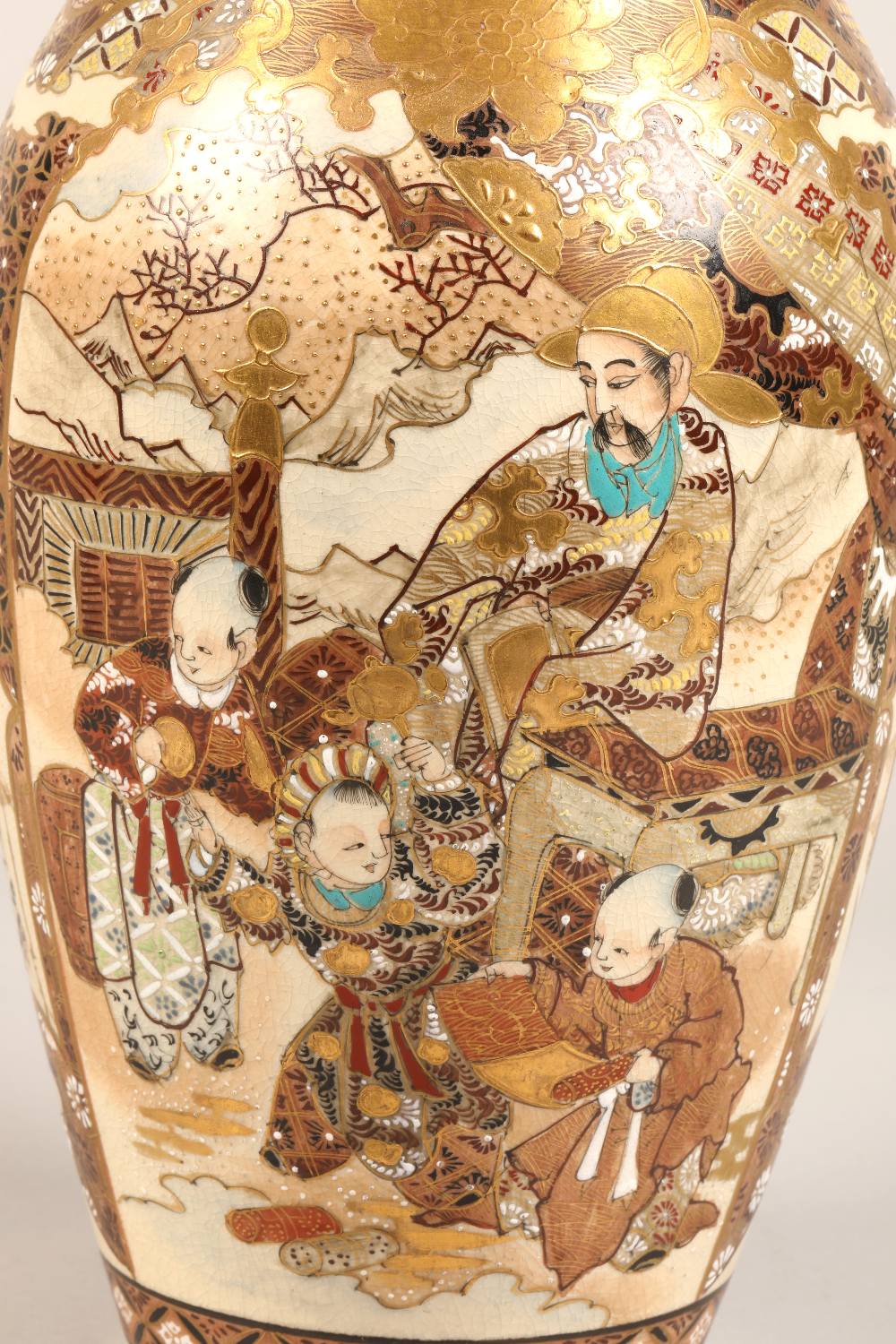 Japanese satsuma vase Meiji period, decorated in panels, with children in a garden, 30cm high. - Image 2 of 11