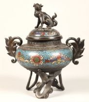Japanese bronze champleve enamel incense burner, with dog of fo finial.