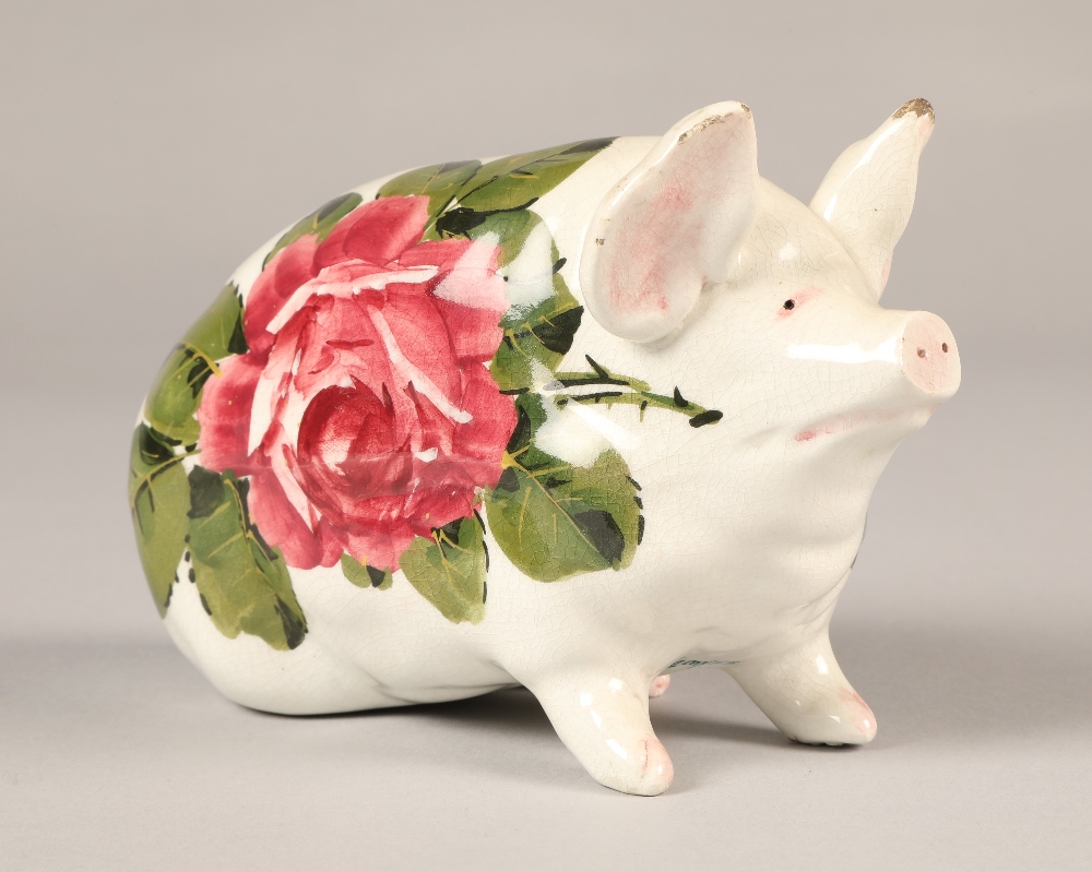 Wemyss ware pig, hand painted with cabbage rose decoration, 16cm long. - Image 2 of 7