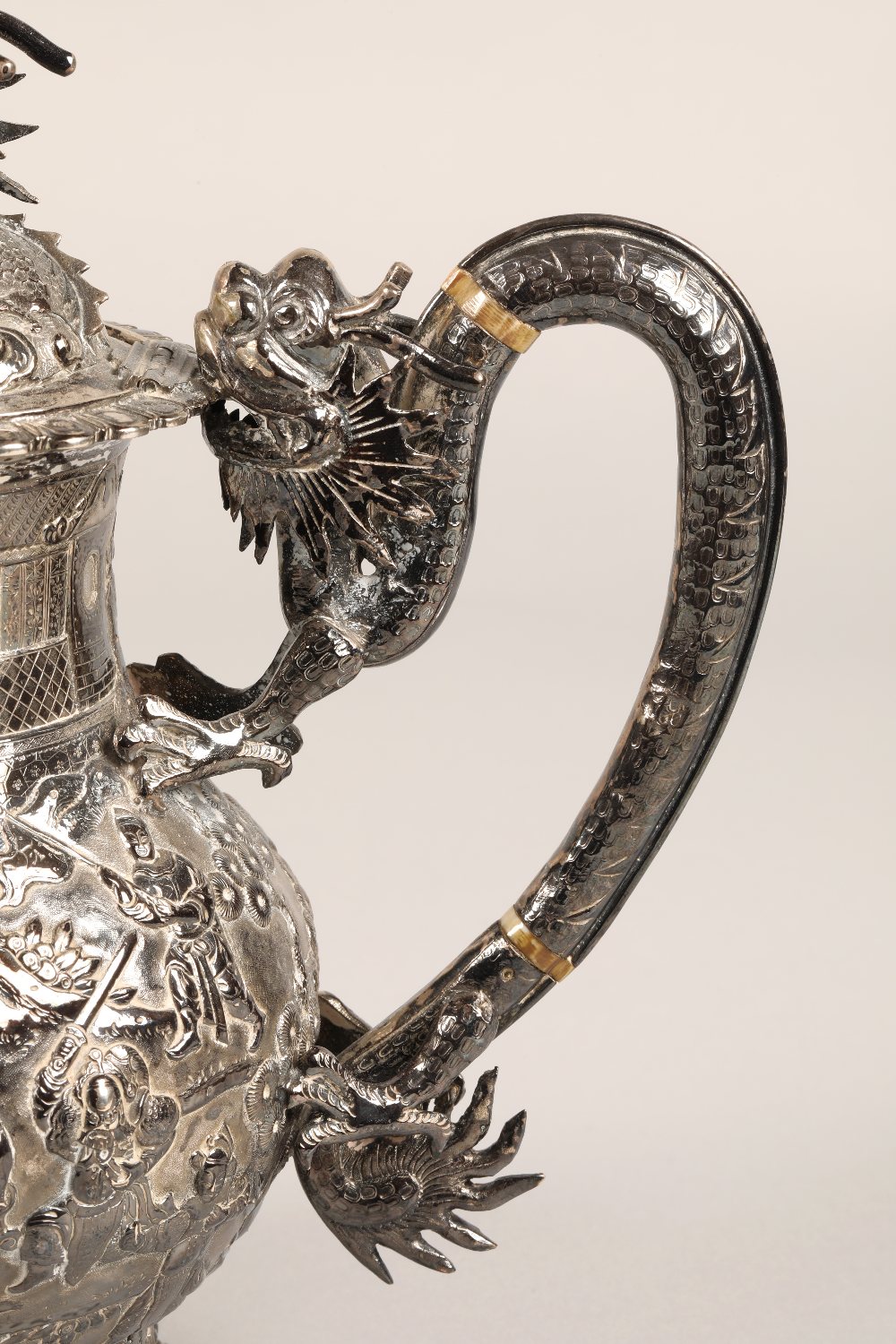 Fantastic 19th century chinese silver four piece tea and coffee service, decorated with warriors, - Image 15 of 51
