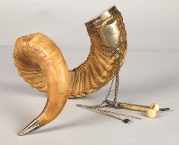 19th Century silver plated Rams horn table snuff mull with tools, 28 cm, with plaque inscribed' From