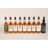 Set of nine limited edition Game of Thrones bottles of whisky. House Stark, Dalwhinnie Winters