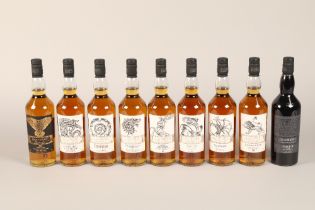 Set of nine limited edition Game of Thrones bottles of whisky. House Stark, Dalwhinnie Winters