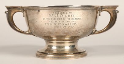 Silver double handled trophy, with engraved inscription . Birmingham 1922 , 366 grams.