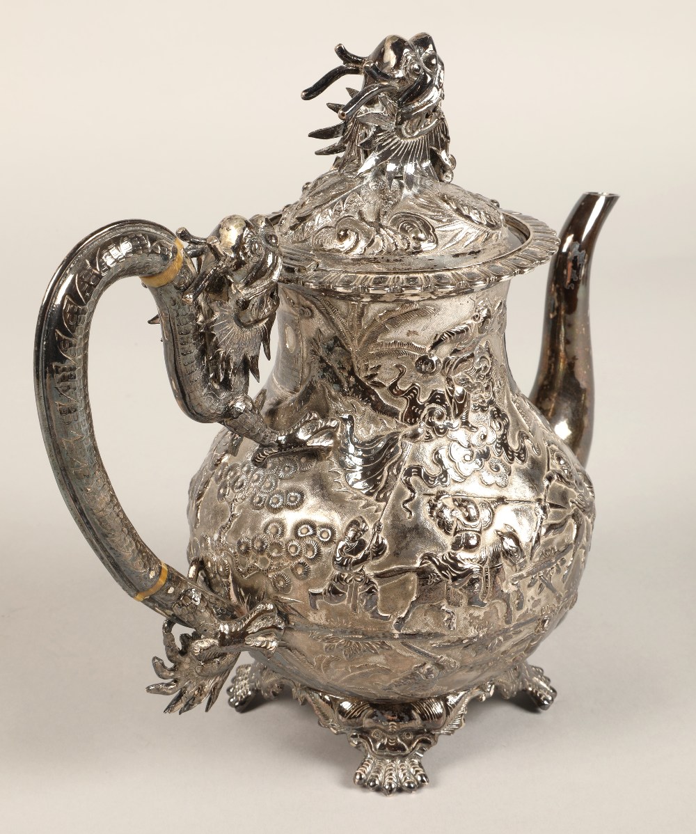 Fantastic 19th century chinese silver four piece tea and coffee service, decorated with warriors, - Image 7 of 51
