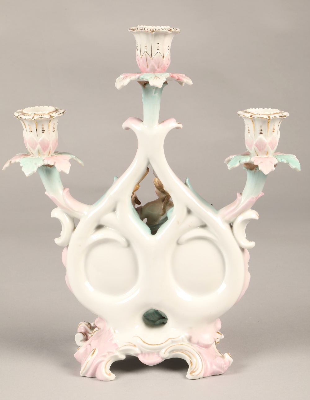 Meissen style candelabra with cross sword markings, featuring a classical figure holding wheat - Image 5 of 6