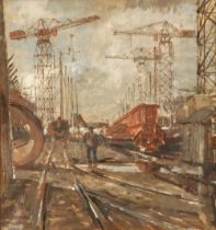 Ernest Burnett Hood (Glasgow 1932 - 1988) Framed oil - signed 'Shipbuilders' 35cm x 33cm