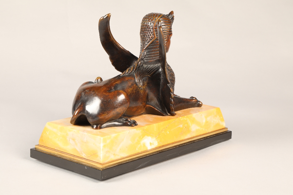 Pair of bronze Egyptian revival winged Sphinx on marble base, overall length 28 cm  (2) - Image 6 of 8