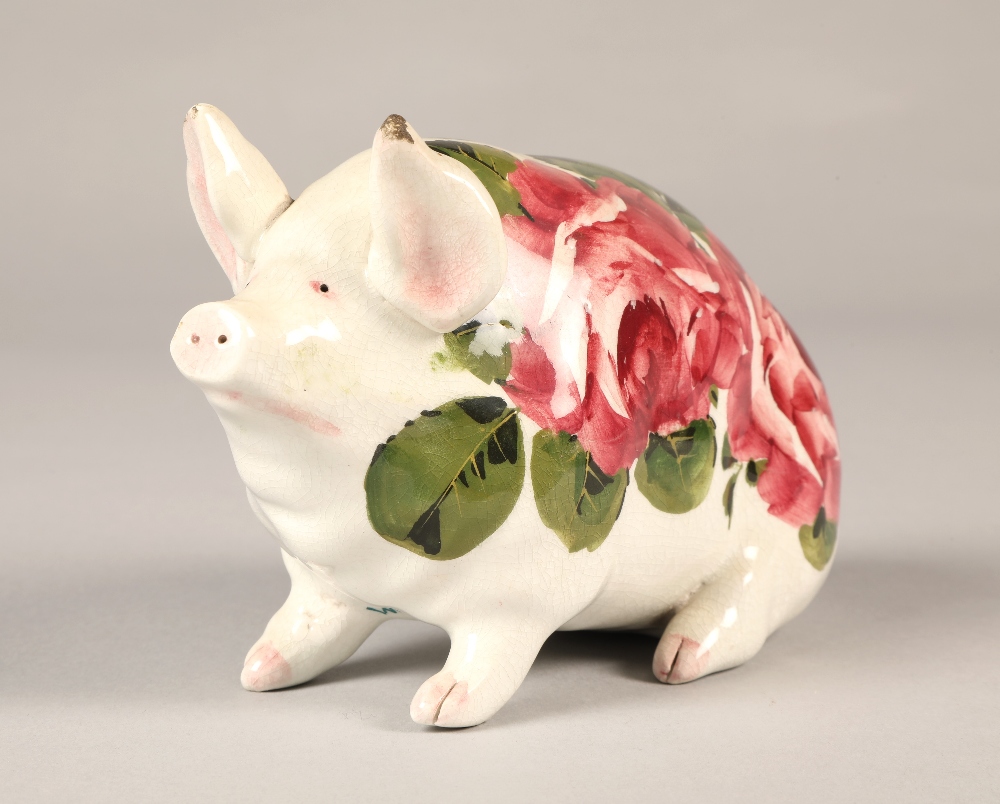 Wemyss ware pig, hand painted with cabbage rose decoration, 16cm long. - Image 7 of 7