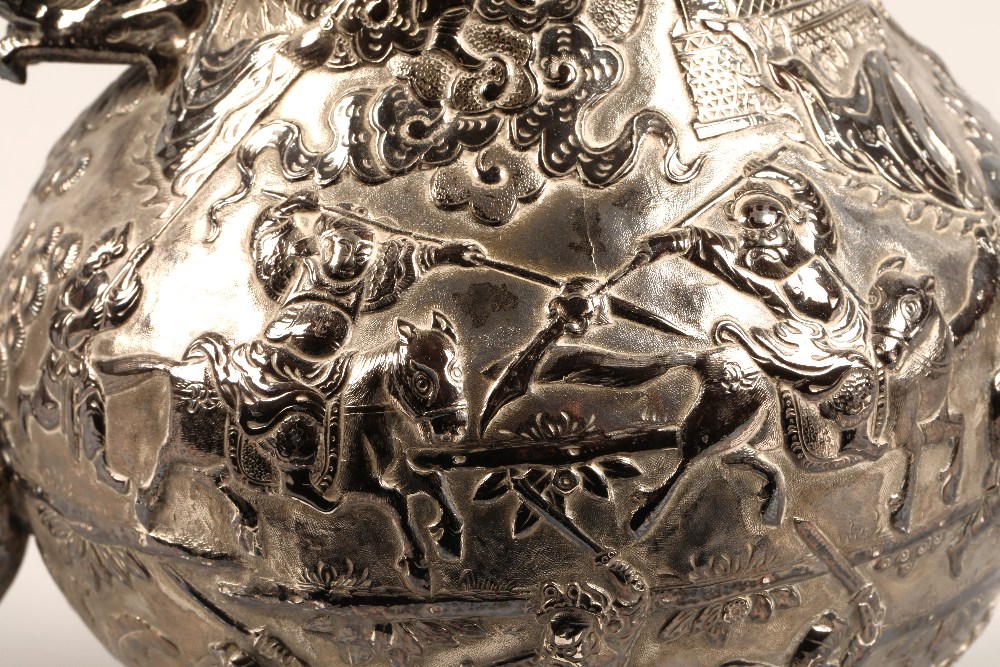Fantastic 19th century chinese silver four piece tea and coffee service, decorated with warriors, - Image 10 of 51