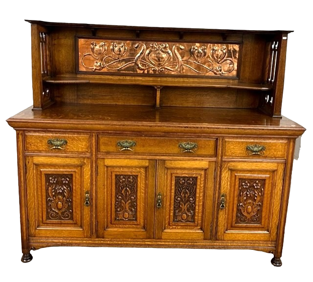 Oak Arts Crafts sideboard, the top galleried top with embossed stylized flowers, 183cm,61cm depth,