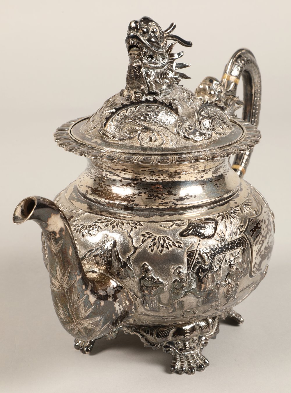 Fantastic 19th century chinese silver four piece tea and coffee service, decorated with warriors, - Image 22 of 51
