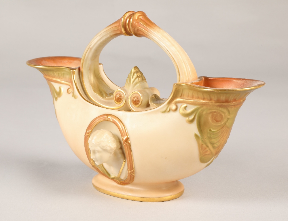Royal Worcester double ended flower basket with oval relief mask panels in the classical style, 19cm - Image 2 of 7