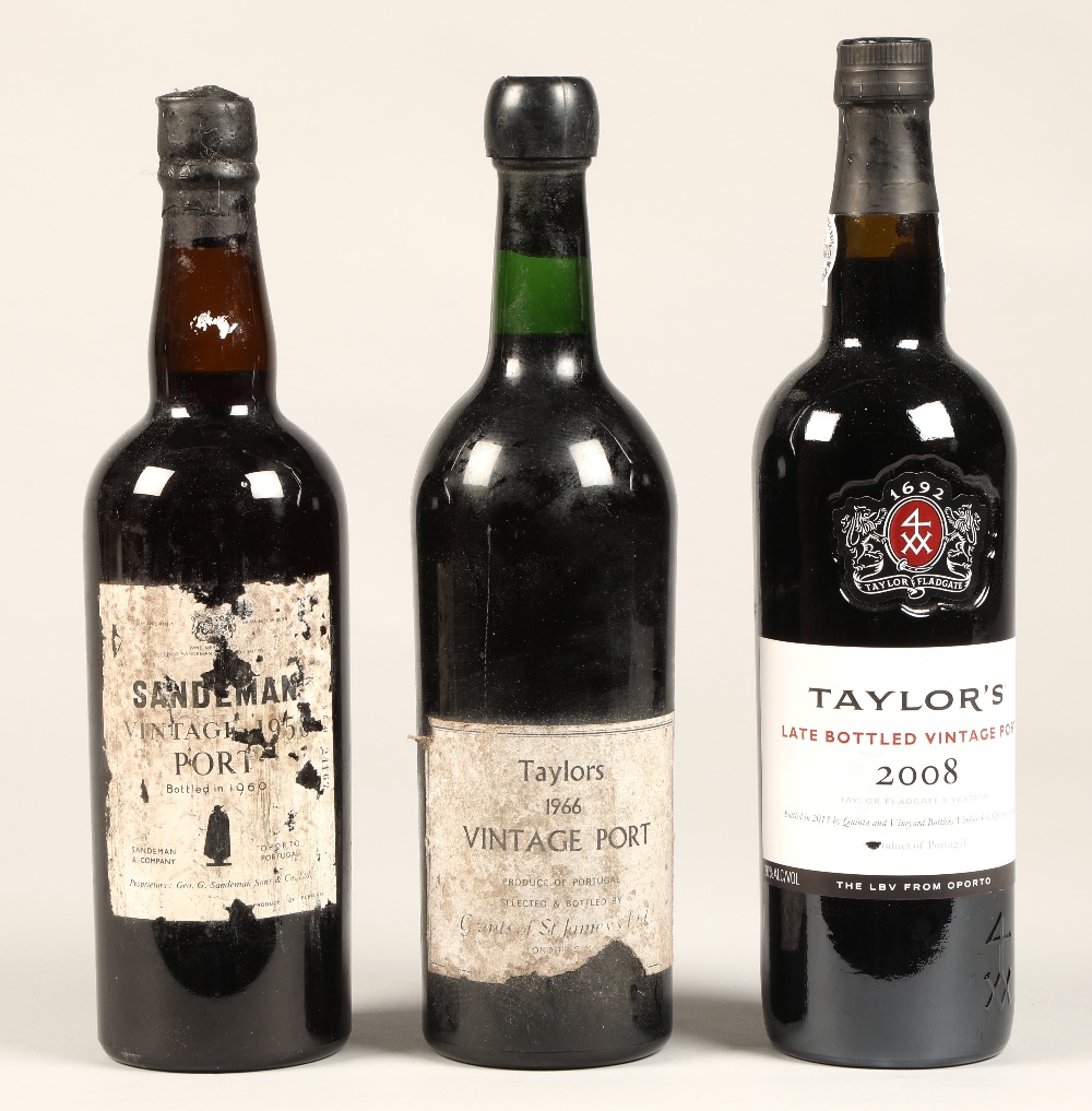 Taylor's 1966 vintage port, Taylor's 2008 vintage port, Sandeman vintage pot 1960(3 Bottles)