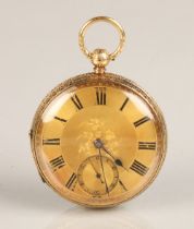 Gents 18ct gold open face pocket watch, engraved dial with roman numerals, with seconds subsidiary