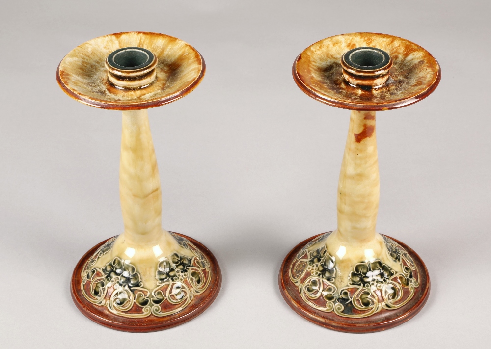 Pair of Doulton Lambeth aesthetic movement candlesticks in the liberty style, 23cm high (2) - Image 2 of 4