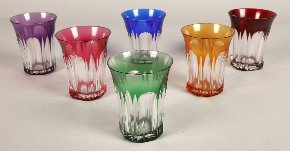 Set of six harlequin bohemian glass tumblers, 9.5cm high.