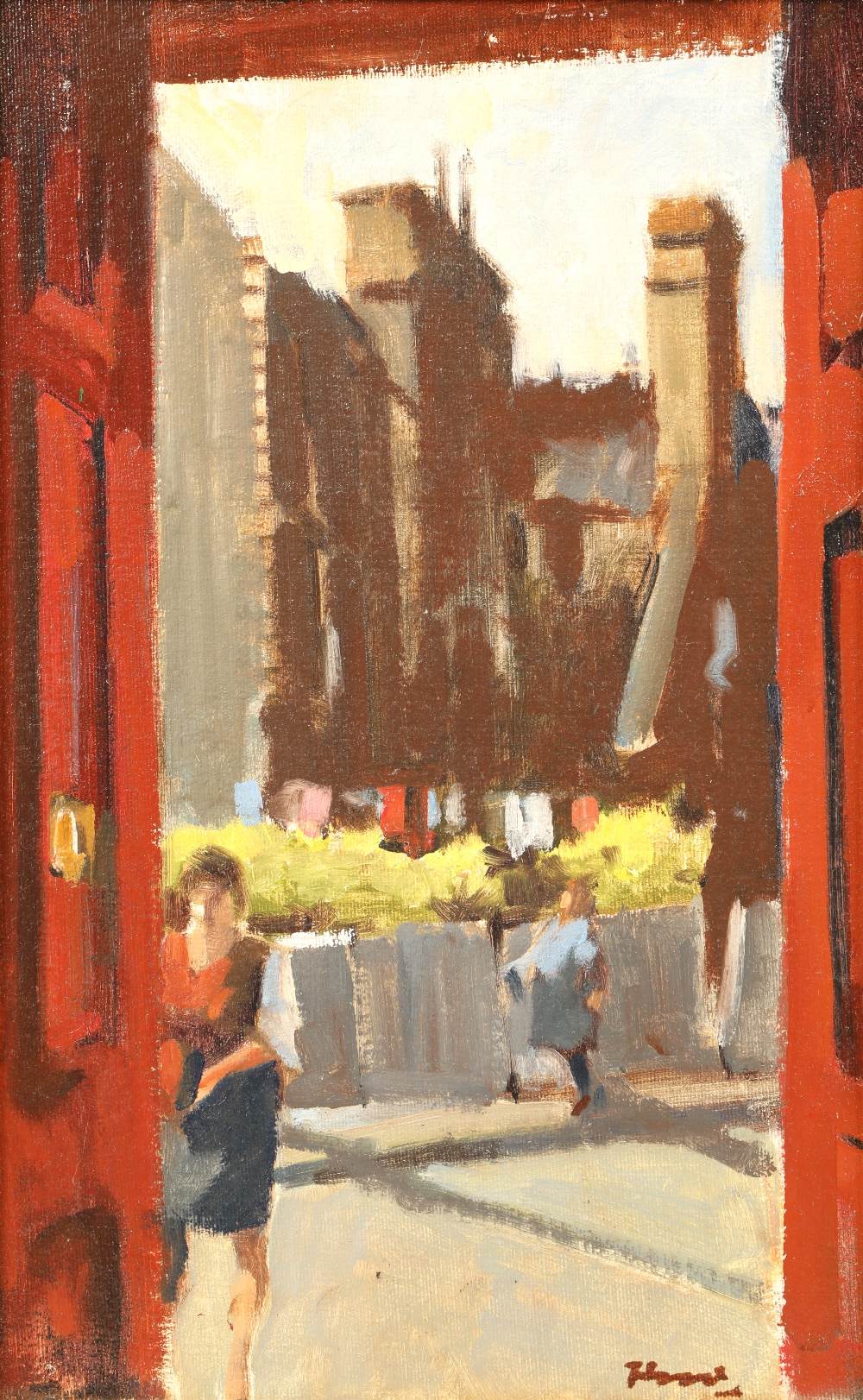 Ernest Burnett Hood (Glasgow 1932 - 1988) Framed oil - signed 'Glasgow Backcourt' 40cm x 25cm