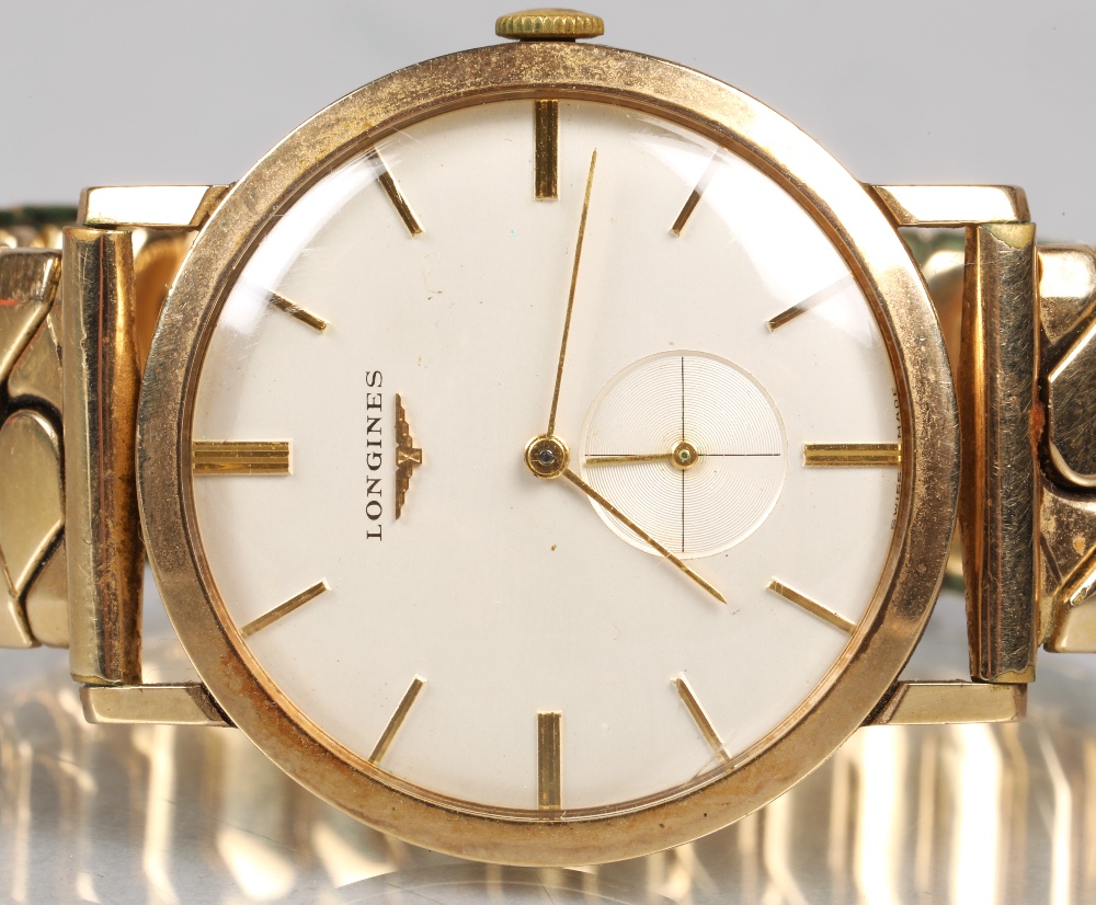 Longines 9ct gold wrist watch, champagne dial with baton hour markers with subsidiary dial. with - Image 3 of 6
