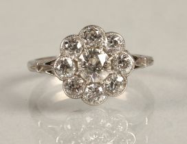 Ladies Diamond daisy cluster ring set in white metal, central stone 0.5 carat surrounded by eight