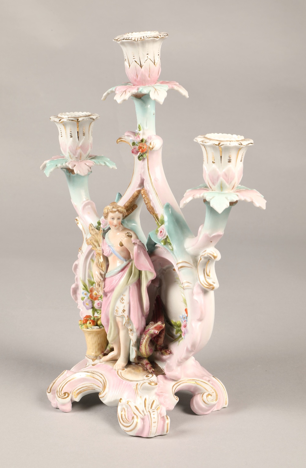 Meissen style candelabra with cross sword markings, featuring a classical figure holding wheat - Image 3 of 6