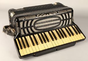 Hohner 2 +1 Accordian circa 1940s, black lacquered body, in wooden carry case