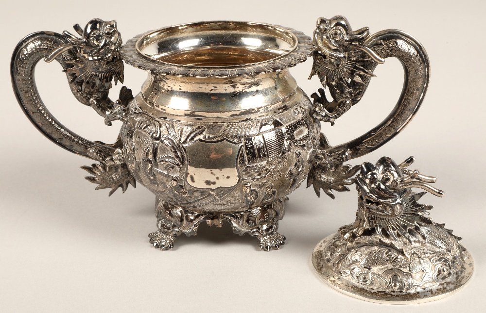 Fantastic 19th century chinese silver four piece tea and coffee service, decorated with warriors, - Image 33 of 51