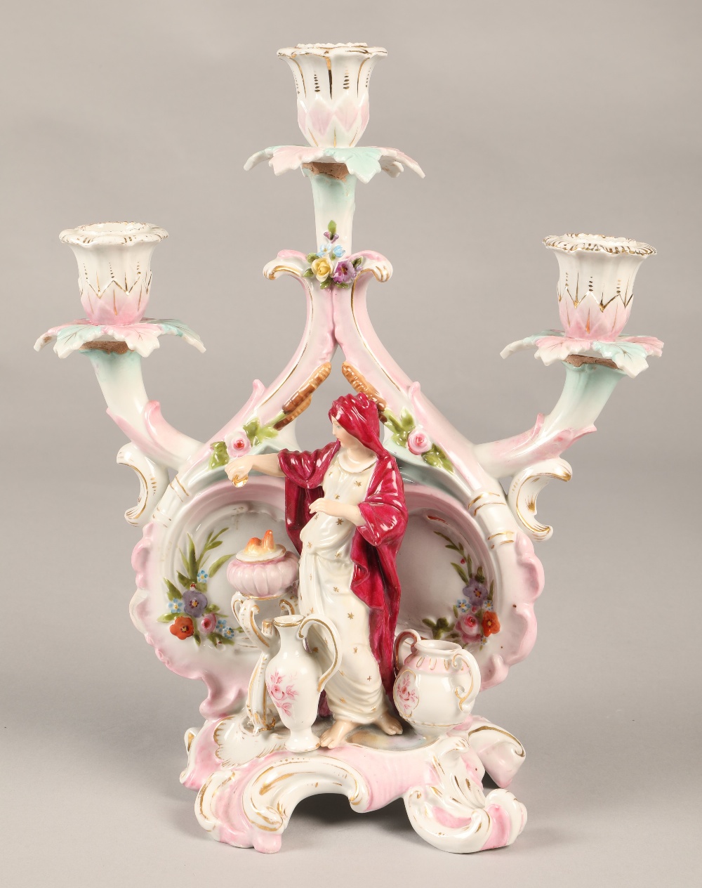 Continental school candelabra, with cross sword markings, featuring classical figures with fire, - Image 5 of 5