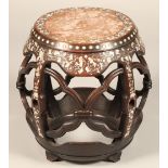 Chinese barrel shaped jardinere stand with rouge marble top and mother o' pearl inlay, 48cm