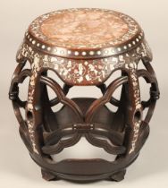 Chinese barrel shaped jardinere stand with rouge marble top and mother o' pearl inlay, 48cm