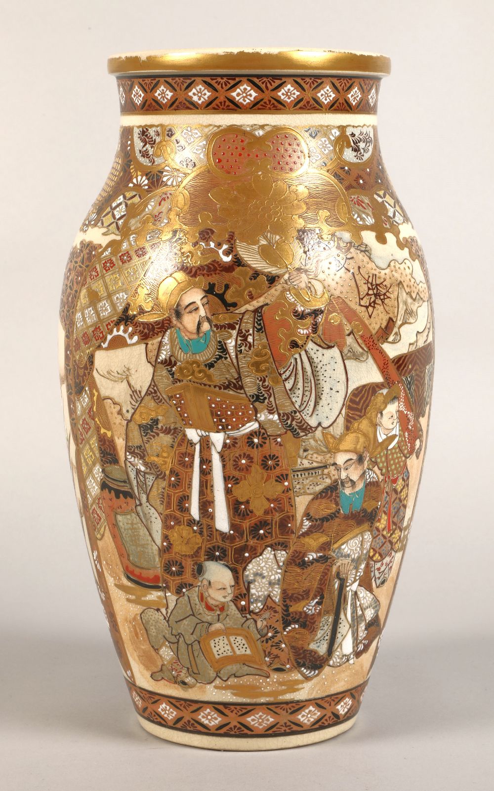 Japanese satsuma vase Meiji period, decorated in panels, with children in a garden, 30cm high.