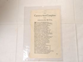 17th Century Verse Broadside.  The Countrey-Mans Complaint, & Advice to the King. A single leaf with