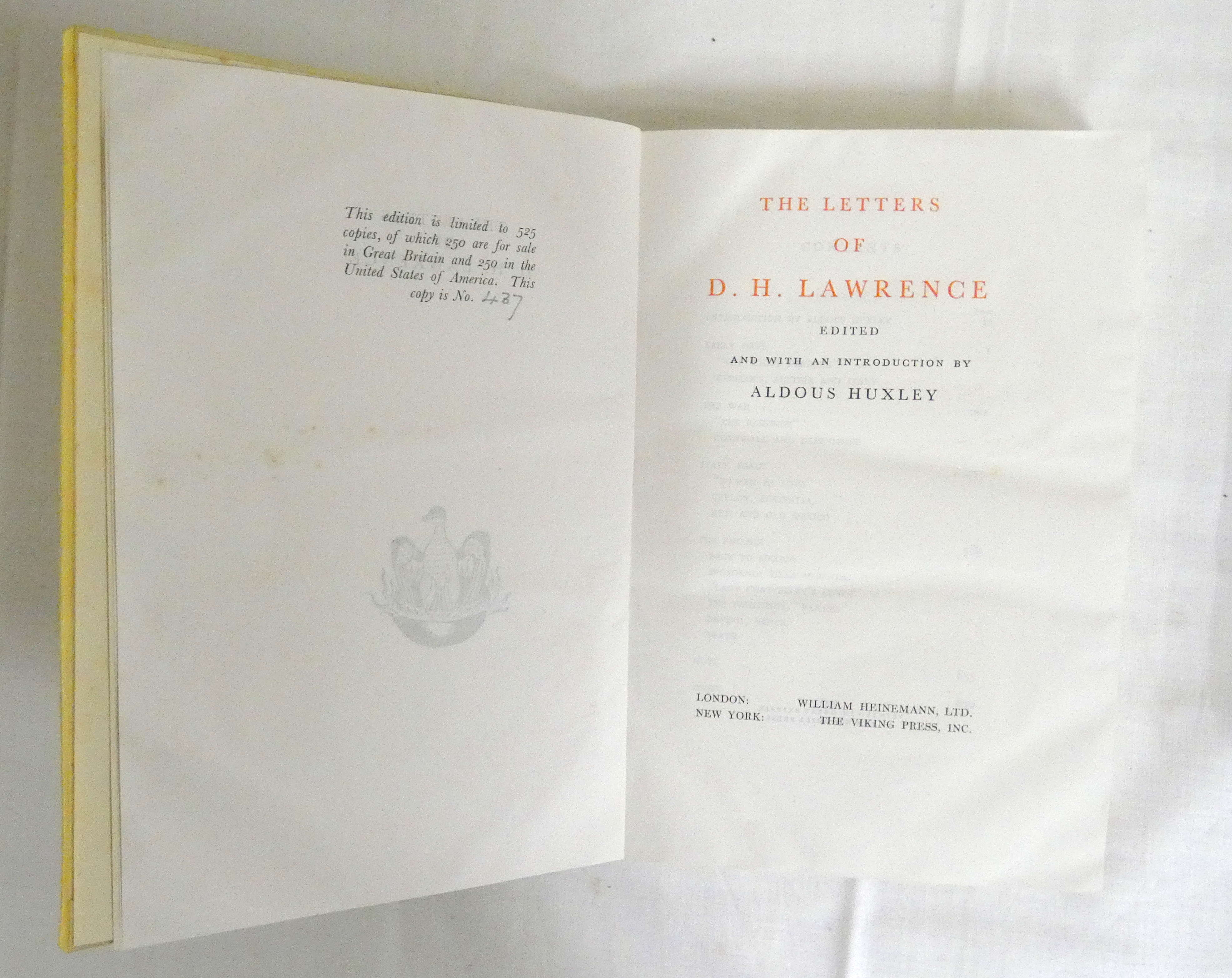 LAWRENCE D. H.  The Letters, Edited & with an Introduction by Aldous Huxley. Ltd. ed. 437/525. - Bild 2 aus 4