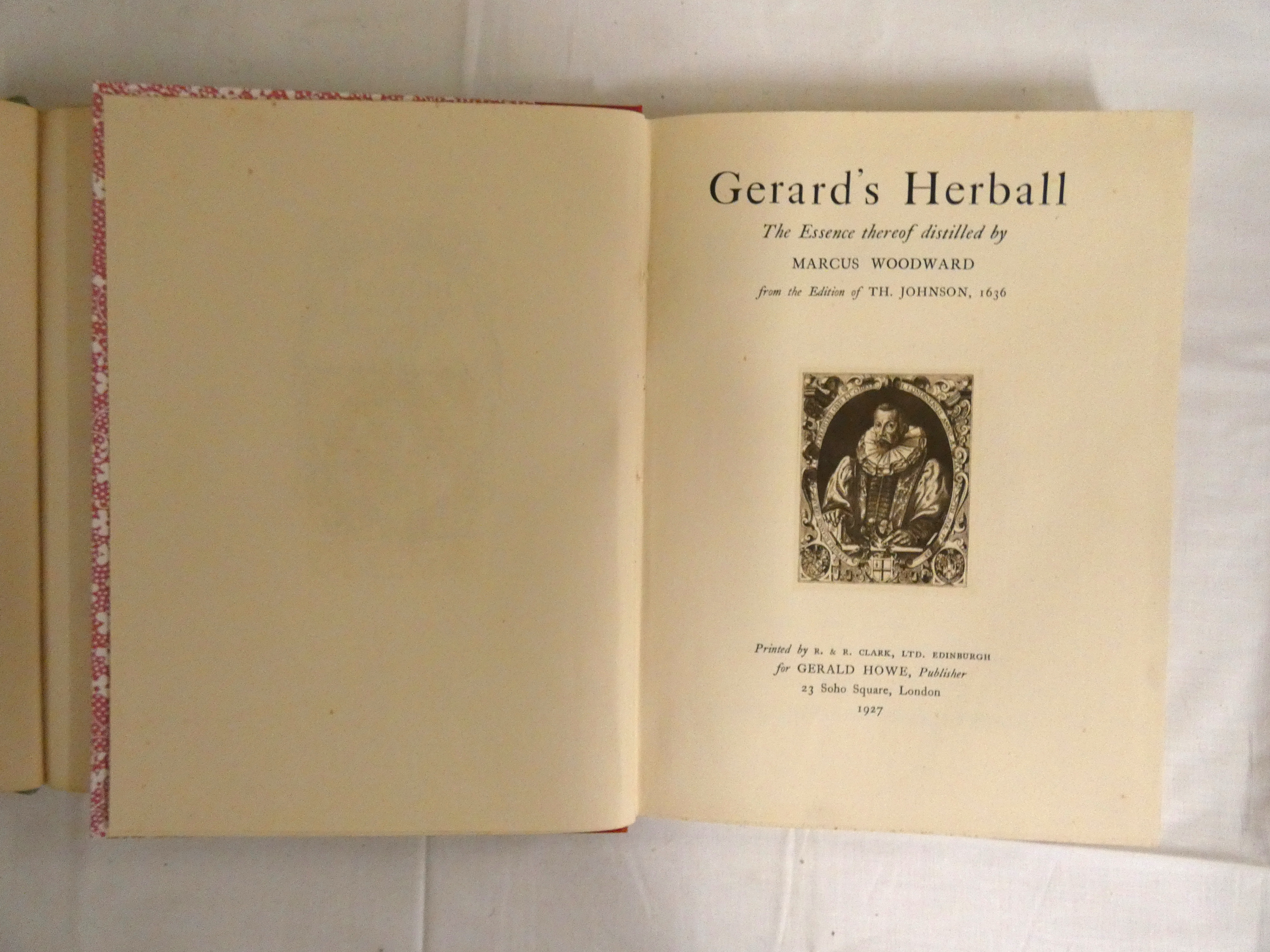 WOODWARD MARCUS.  Gerard's Herball. Title engraving & text illus. Quarto. Rebound red qtr. cloth. " - Image 3 of 3