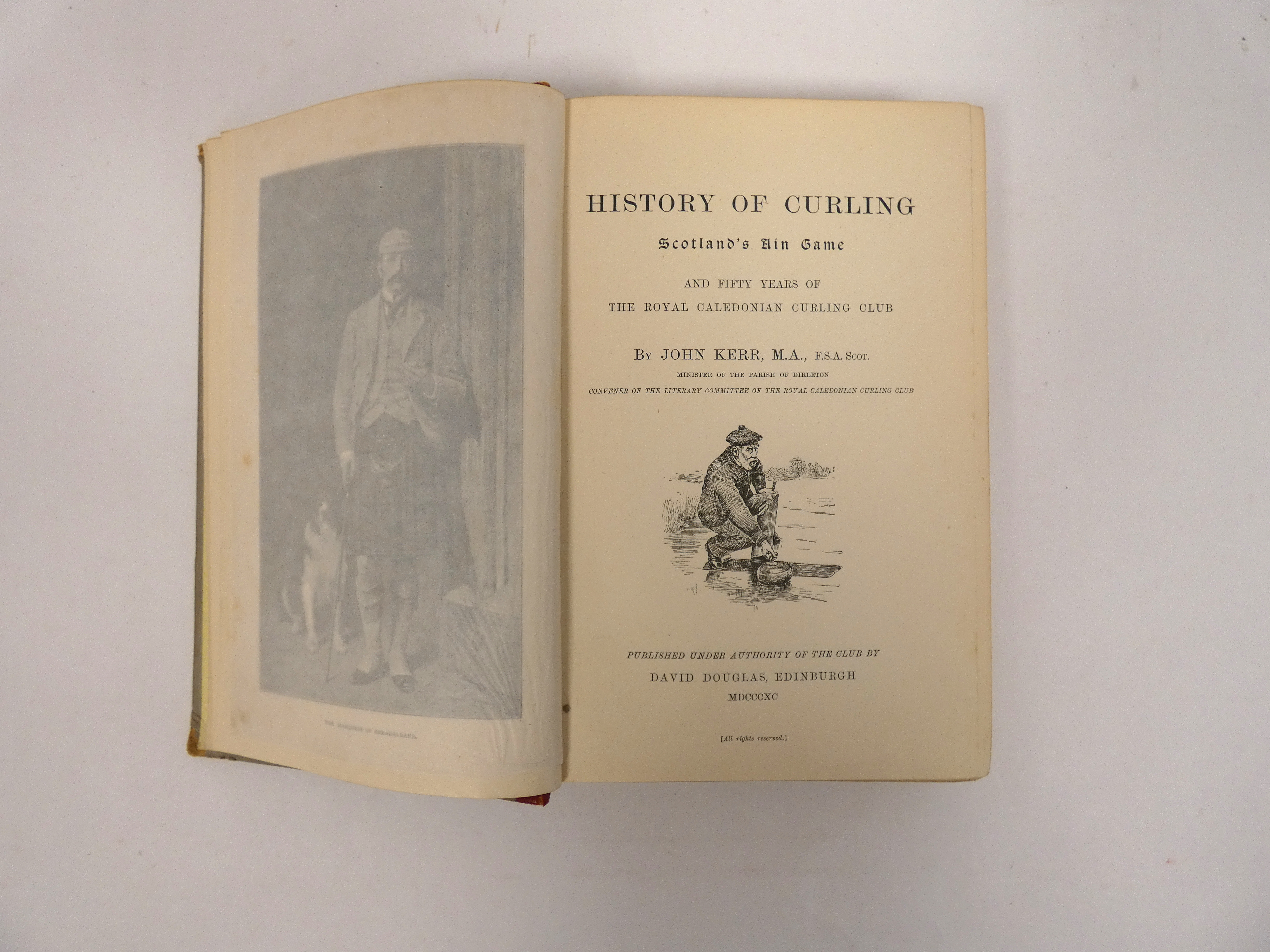 KERR JOHN.  History of Curling. Frontis & illus. Rubbed red morocco backed pict. brds. Pres. copy to - Image 2 of 2