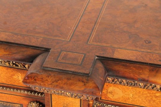 Victorian burr walnut and marquetry credenza, the inlaid marquetry and gilt metal frieze over a pair - Image 4 of 15