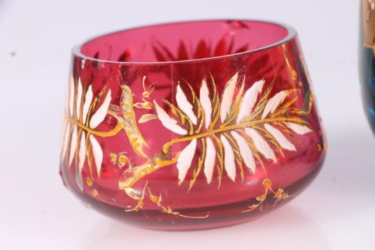 Bohemian miniature cranberry glass bowl and similar cup in the manner of Moser, decorated in white - Image 4 of 4