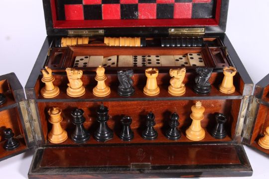 Victorian rosewood games compendium, the hinged lid opening to reveal inset red and black leather - Image 2 of 11