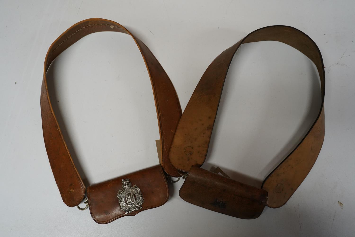 Two brown leather belt pouches with Kings Own Scottish Borderers cap badge and KOSB collar badge, on - Image 2 of 6