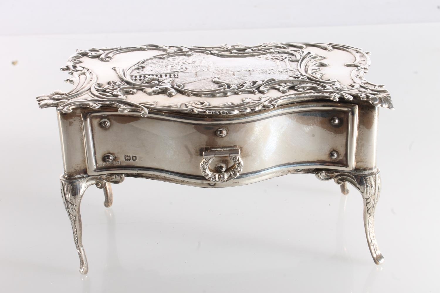 Novelty silver jewellery casket in the form of a French Rococo style commode or bureau plat with - Image 2 of 8