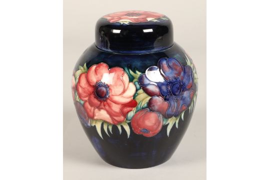 Moorcroft pottery ginger jar with cover, blue ground with tube-lines stylised flowers, impressed - Image 4 of 14