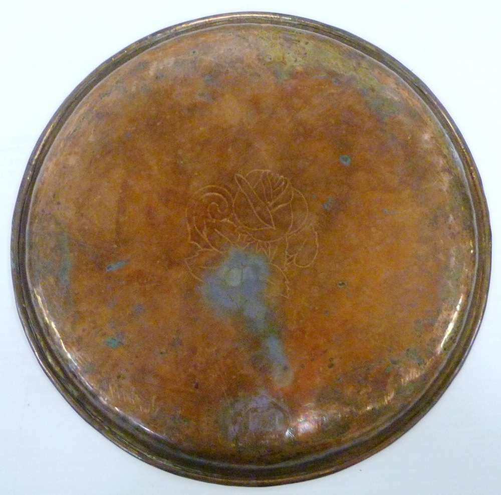 Hugh Wallis (British, 1871 - 1943) Arts & Crafts hammered copper charger decorated with applied - Image 3 of 9