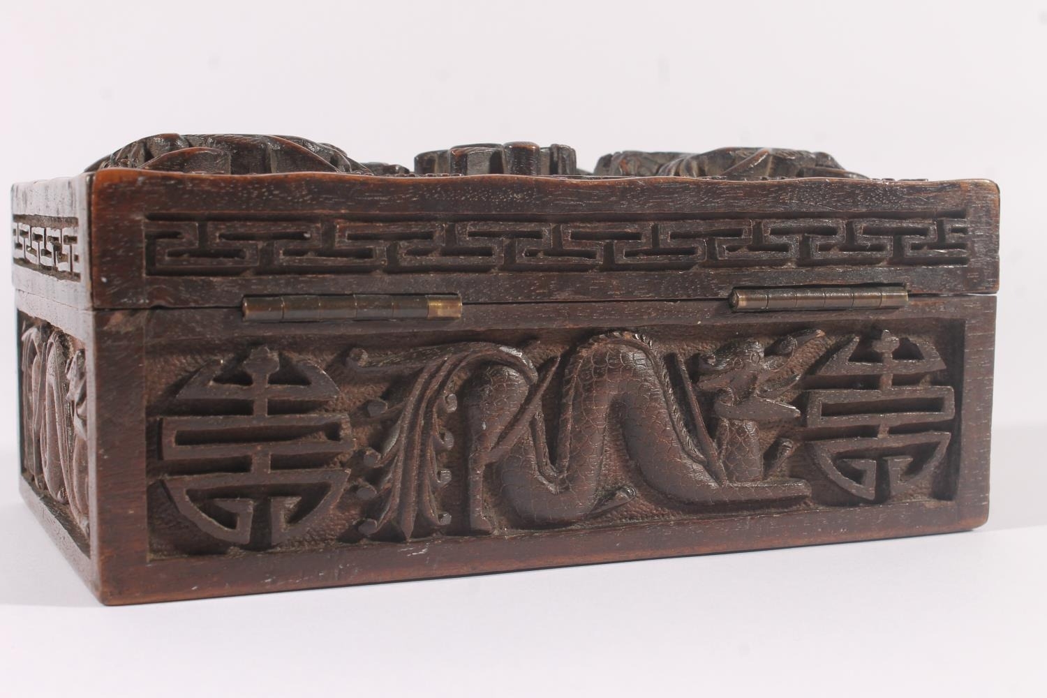 Chinese hardwood deep carved table box, late Qing period, the hinged cover carved with dragons - Image 7 of 7