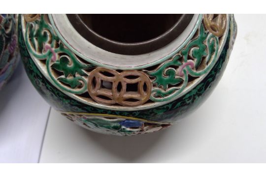 Pair of Chinese porcelain Famille Verte vases, the ovoid bodies with reticulated scrolling - Image 10 of 11