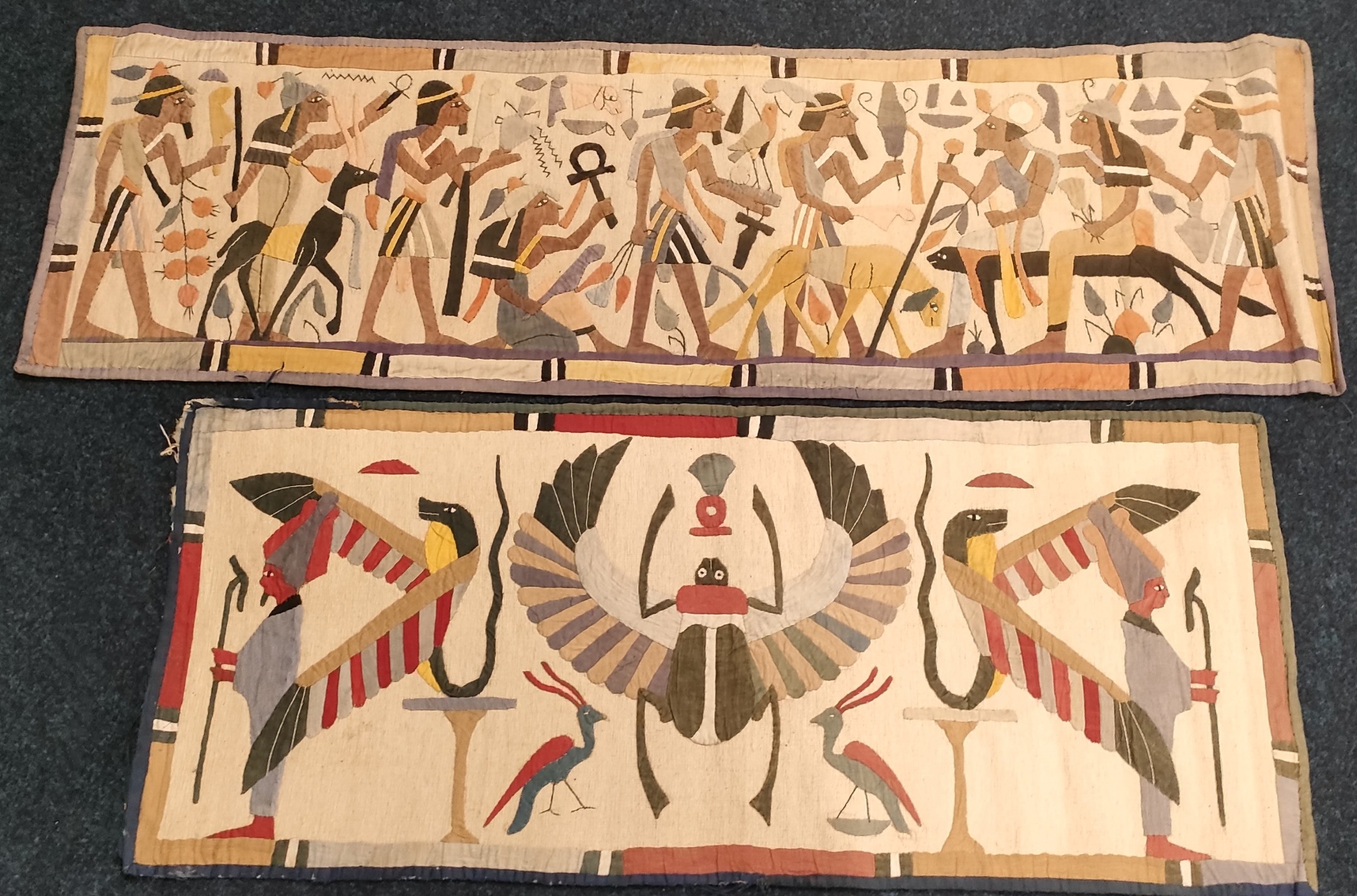 Two Egyptian 1920/30s tapestry panels with ancient Egyptian motifs [139x43cm]