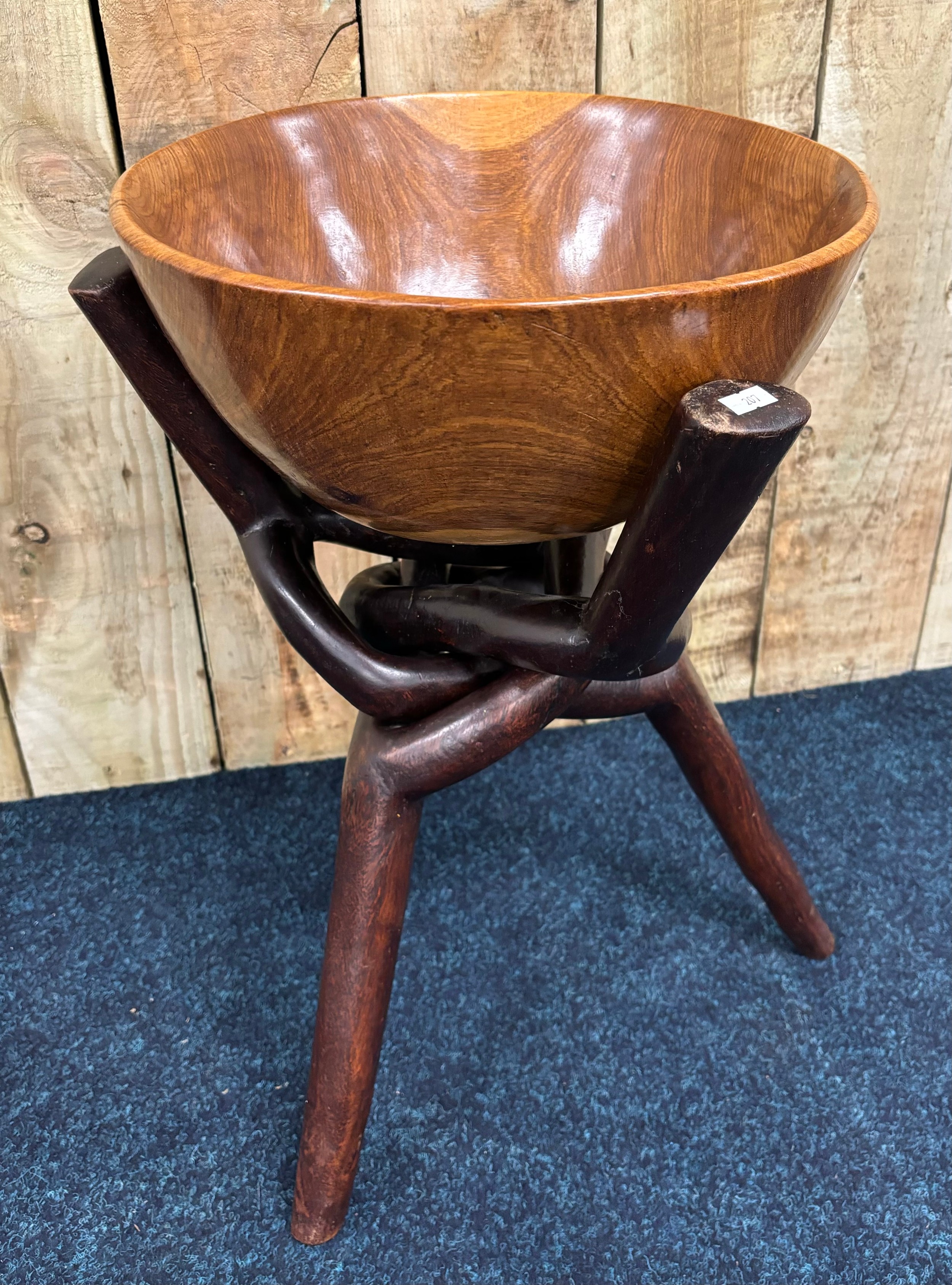 African carved teak wooden wash bowl and stand. [54cm high]