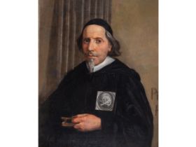 Unknown painter, Portrait of a cardinal in black robe with the skull emblem