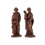 Paar Figuren: Maria mit Kind & Josef mit Kind, 19. Jahrhundert oder früher, Buchsbaum geschnitzt