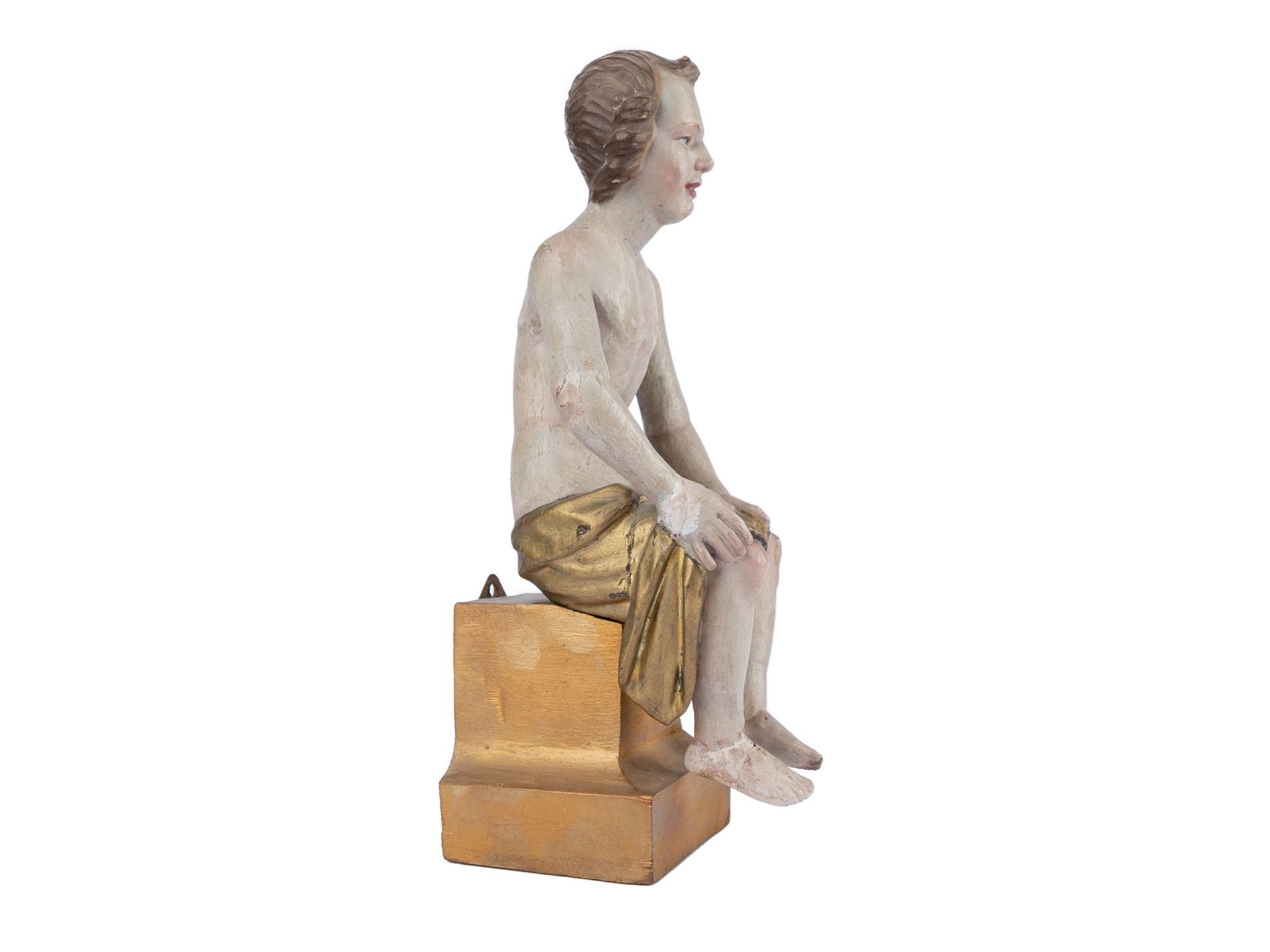 Sitzender Jüngling, 1. Hälfte 20. Jahrhundert, Holz geschnitzt & polchrom gefasst - Bild 3 aus 5